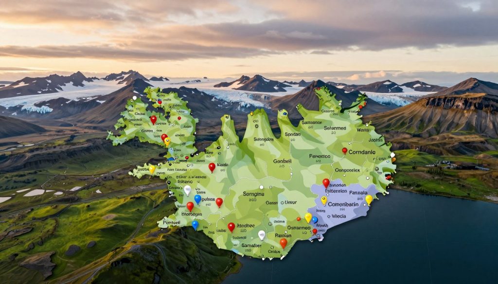 A detailed map of Iceland highlighting the regional distribution of surnames ending in -son and -dóttir. In the foreground, showcase colorful pins or markers representing different regions, each with distinct colors to symbolize various surname origins. The middle ground features a beautifully illustrated topographic landscape of Iceland, with mountains, glaciers, and lush valleys, creating a vivid backdrop for the map. In the background, integrate a soft, diffused sky at sunset, casting warm light across the scene, enhancing the natural beauty of Iceland. The atmosphere should feel informative yet engaging, reflecting the unique cultural significance of Icelandic naming conventions. Use a wide-angle perspective to capture both the map and the surrounding landscape harmoniously. A detailed map of Iceland highlighting the regional distribution of surnames ending in -son and -dóttir. In the foreground, showcase colorful pins or markers representing different regions, each with distinct colors to symbolize various surname origins. The middle ground features a beautifully illustrated topographic landscape of Iceland, with mountains, glaciers, and lush valleys, creating a vivid backdrop for the map. In the background, integrate a soft, diffused sky at sunset, casting warm light across the scene, enhancing the natural beauty of Iceland. The atmosphere should feel informative yet engaging, reflecting the unique cultural significance of Icelandic naming conventions. Use a wide-angle perspective to capture both the map and the surrounding landscape harmoniously.