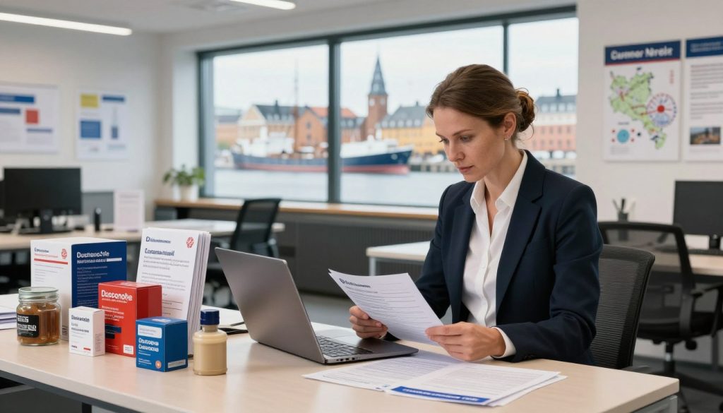 A detailed scene depicting customs regulations and insurance matters in Denmark. In the foreground, a professional woman in business attire is examining a stack of documents and a laptop, surrounded by a variety of Danish customs items like duty-free products and insurance brochures. The middle ground features an open office space with a modern Scandinavian design, filled with charts and maps highlighting Denmark’s customs and insurance information. In the background, a large window reveals a view of a classic Danish harbor with ships in the distance, under bright, natural daylight. The atmosphere is focused and informative, conveying a sense of professionalism and order, using a soft focus lens to give a depth-of-field effect. A detailed scene depicting customs regulations and insurance matters in Denmark. In the foreground, a professional woman in business attire is examining a stack of documents and a laptop, surrounded by a variety of Danish customs items like duty-free products and insurance brochures. The middle ground features an open office space with a modern Scandinavian design, filled with charts and maps highlighting Denmark’s customs and insurance information. In the background, a large window reveals a view of a classic Danish harbor with ships in the distance, under bright, natural daylight. The atmosphere is focused and informative, conveying a sense of professionalism and order, using a soft focus lens to give a depth-of-field effect.
