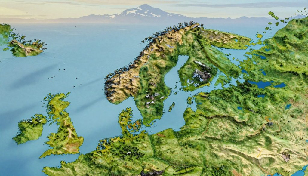 A detailed topographical map illustration of the Fennoscandian Peninsula. The foreground features lush forests and rugged mountains, symbolizing Finland's pristine nature. In the middle, a clear depiction of the varied landscapes across Norway, Sweden, and parts of Russia, showcasing coastal fjords, arctic tundras, and vibrant lakes. The background includes a dramatic skyline with a soft, hazy effect, suggesting a distant horizon. Natural lighting casts gentle shadows across the terrain, enhancing the textures of the land. The atmosphere is serene and informative, evoking a sense of exploration and geography. The image should be rich in color and detail, focusing solely on the geographical features of the peninsula without any text, human figures, or additional distractions.