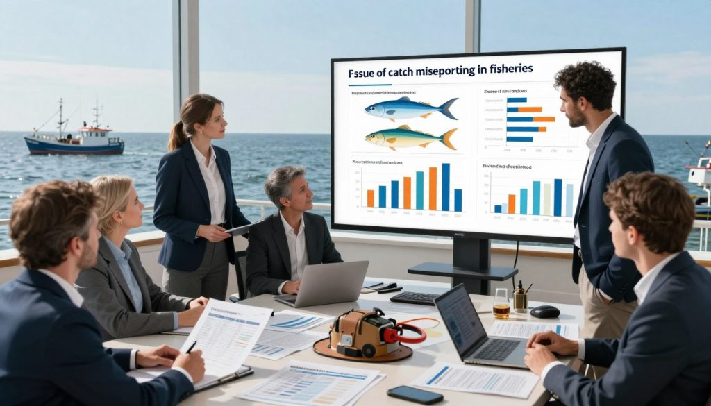 A detailed visual analysis of data and the issue of catch misreporting in fisheries. In the foreground, a diverse group of professionals in business attire examines colorful bar graphs and charts depicting fish catch statistics on a large screen. In the middle ground, a table cluttered with data reports, laptops, and fishing gear symbolizes the intersection of data analysis and fishing practices. The background features a serene Baltic Sea landscape with fishing boats in the distance, under a clear blue sky. Soft, natural lighting illuminates the scene, creating a professional and focused atmosphere. The image conveys a sense of urgency and importance regarding accurate data reporting in fisheries management, highlighting the tension between scientific analysis and the realities of the fishing industry.