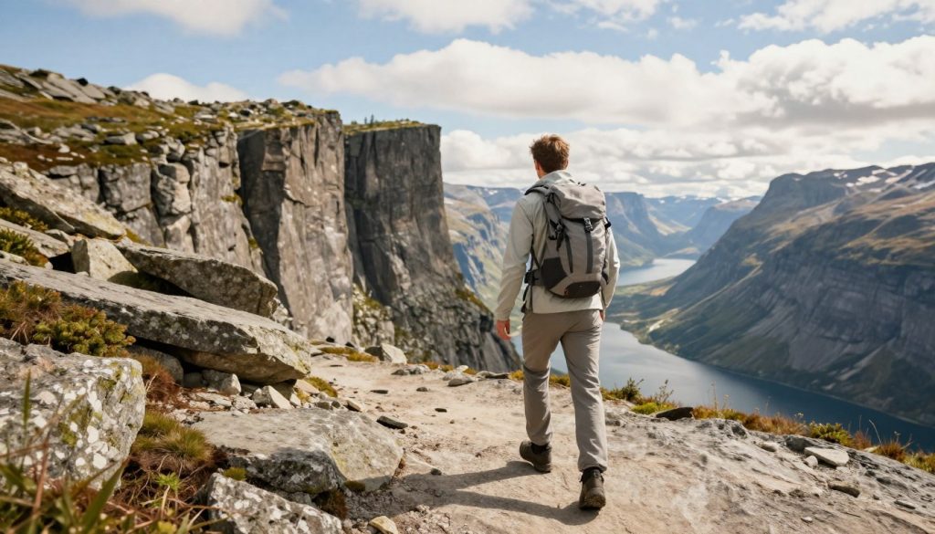 A fitness enthusiast trekking on a rocky trail in Norway, focused on physical preparation for hiking. In the foreground, the person is dressed in lightweight, moisture-wicking athletic attire, wearing a lightweight backpack. The middle ground features rugged terrain with scattered rocks and patches of greenery. The background showcases breathtaking views of the iconic Preikestolen cliff, rising dramatically against a brilliant blue sky with fluffy white clouds. Soft natural light enhances the scene, creating a warm and inviting atmosphere. Capture the essence of adventure and determination, with a wide-angle perspective that emphasizes the vast landscape and the individual's journey towards physical fitness.