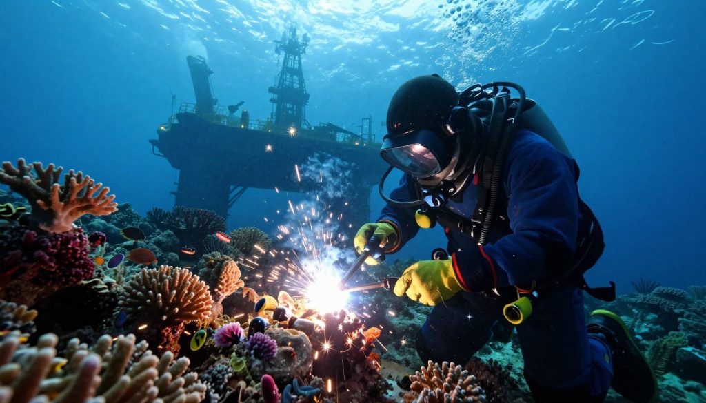 A focused underwater scene featuring a professional underwater welder in action, wearing a full diving suit with a helmet and protective gear. In the foreground, the welder is shown skillfully using a welding torch, illuminating the surrounding water with bright, sparkling sparks. The middle layer displays vibrant coral reefs and marine life, providing a rich underwater habitat that highlights the environment in which underwater welders work. In the background, the silhouette of an offshore oil rig looms, demonstrating the industrial context. The lighting is a mix of natural sunlight filtering through the water's surface and the intense glow from the welder’s equipment. The composition creates a sense of dedication and professionalism, encapsulating the challenging yet rewarding nature of underwater welding careers in Norway. A focused underwater scene featuring a professional underwater welder in action, wearing a full diving suit with a helmet and protective gear. In the foreground, the welder is shown skillfully using a welding torch, illuminating the surrounding water with bright, sparkling sparks. The middle layer displays vibrant coral reefs and marine life, providing a rich underwater habitat that highlights the environment in which underwater welders work. In the background, the silhouette of an offshore oil rig looms, demonstrating the industrial context. The lighting is a mix of natural sunlight filtering through the water's surface and the intense glow from the welder’s equipment. The composition creates a sense of dedication and professionalism, encapsulating the challenging yet rewarding nature of underwater welding careers in Norway.