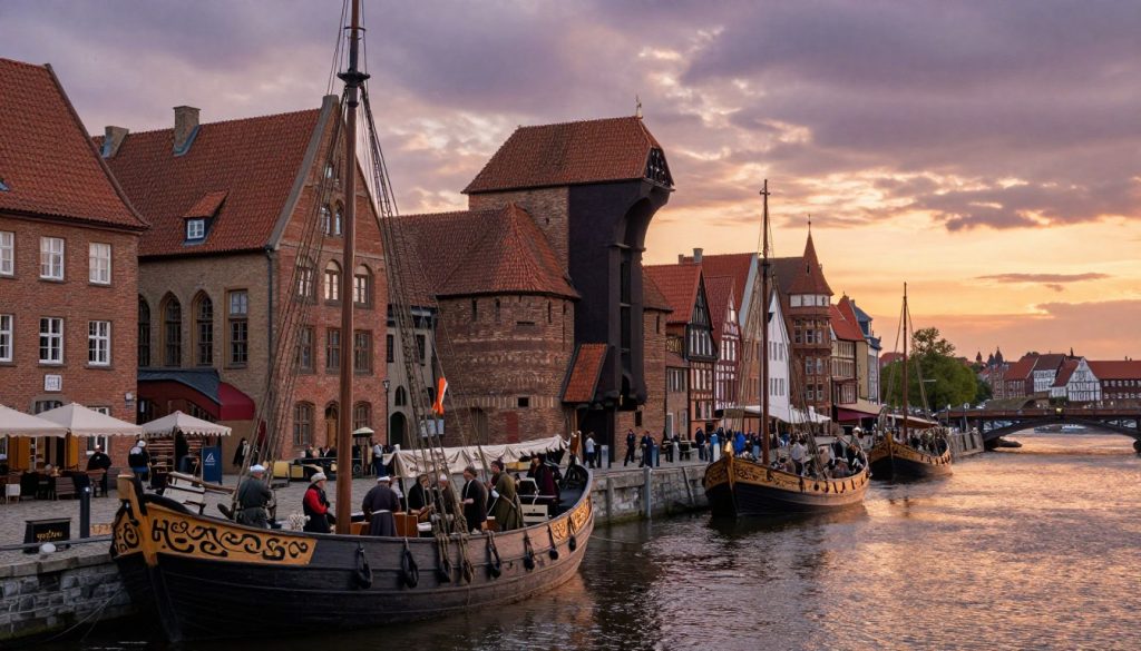 A historical scene depicting the legacy of the Hanseatic League, featuring a bustling medieval port town in the foreground. Traders in professional attire engage in lively commerce, surrounded by wooden merchant ships docked along the cobblestone waterfront. In the middle ground, well-preserved medieval brick buildings showcase intricate architectural details, including gabled roofs and large arched windows. The background reveals a serene skyline with a cloudy sunset, casting warm orange and soft purple hues, reflecting off the water. The atmosphere is vibrant yet nostalgic, evoking the spirit of trade and cooperation. Soft, natural lighting enhances the details, captured from a slightly elevated angle to provide a comprehensive view of the scene. A historical scene depicting the legacy of the Hanseatic League, featuring a bustling medieval port town in the foreground. Traders in professional attire engage in lively commerce, surrounded by wooden merchant ships docked along the cobblestone waterfront. In the middle ground, well-preserved medieval brick buildings showcase intricate architectural details, including gabled roofs and large arched windows. The background reveals a serene skyline with a cloudy sunset, casting warm orange and soft purple hues, reflecting off the water. The atmosphere is vibrant yet nostalgic, evoking the spirit of trade and cooperation. Soft, natural lighting enhances the details, captured from a slightly elevated angle to provide a comprehensive view of the scene.