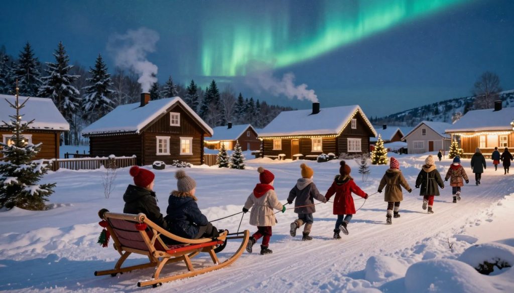 A historical scene depicting the origins and influences of Christmas traditions in Norway, showcasing a quaint Norwegian village during winter. In the foreground, a wooden sled adorned with traditional decorations is pulled by a group of children dressed in modest, warm clothing, actively playing in the snow. The middle layer features cozy, timber-framed houses with smoke rising from chimneys, decorated with subtle holiday lights. The background displays a serene, snow-covered landscape with pine trees and the northern lights illuminating the night sky, casting a magical glow over the scene. Soft, diffused lighting enhances the warm atmosphere, creating a feeling of nostalgia and joy. The angle is slightly elevated, capturing both the lively activities and the peaceful surroundings.