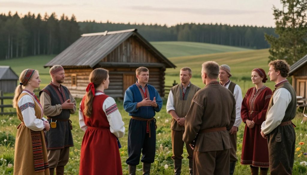 A historical scene depicting the relationship between the Balts and the Slavs, set in a serene landscape. In the foreground, a group of men and women from both cultures engage in lively discussion, wearing traditional attire that reflects their heritage. The Balts, dressed in vibrant folk costumes with intricate patterns, stand alongside Slavs in modest, colorful clothing. In the middle ground, a rustic wooden dwelling symbolizes both cultural influences, with elements of Baltic and Slavic architecture. The background features rolling hills and dense forests, under a warm, golden hour light that creates a peaceful atmosphere. The scene conveys a sense of cooperation and mutual respect, highlighting cultural exchange through gestures and expressions. Soft, diffused lighting enhances the inviting mood, with a slight depth of field to focus on the figures in conversation. A historical scene depicting the relationship between the Balts and the Slavs, set in a serene landscape. In the foreground, a group of men and women from both cultures engage in lively discussion, wearing traditional attire that reflects their heritage. The Balts, dressed in vibrant folk costumes with intricate patterns, stand alongside Slavs in modest, colorful clothing. In the middle ground, a rustic wooden dwelling symbolizes both cultural influences, with elements of Baltic and Slavic architecture. The background features rolling hills and dense forests, under a warm, golden hour light that creates a peaceful atmosphere. The scene conveys a sense of cooperation and mutual respect, highlighting cultural exchange through gestures and expressions. Soft, diffused lighting enhances the inviting mood, with a slight depth of field to focus on the figures in conversation.