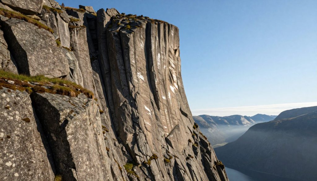 A majestic vertical rock face, soaring dramatically against a clear blue sky in the fjords of Norway. The foreground features rugged, jagged cliffs with patches of green moss and tufts of grass clinging to the rocky surface, while the middle ground showcases steep, towering walls of granite, glistening in the sunlight. The background includes distant mountains shrouded in mist, enhancing the sense of scale and depth. The scene is illuminated with warm natural lighting, casting soft shadows that accentuate the texture of the stone. A sense of awe and grandeur permeates the atmosphere, inviting viewers to appreciate the raw beauty and impressive scale of the vertical cliff face. The angle captures the height and steepness of the wall, emphasizing its formidable presence in the landscape.