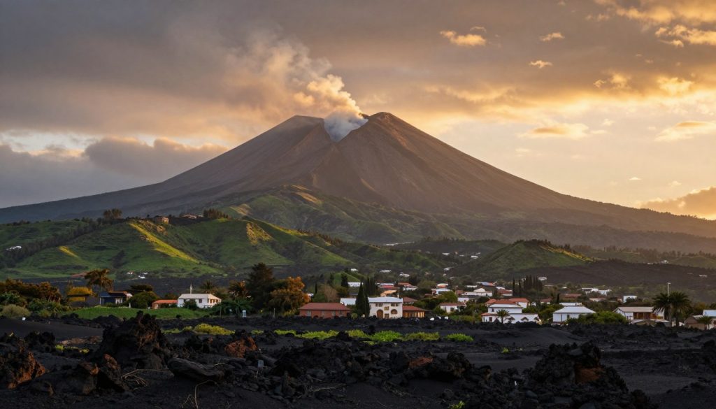 A majestic view of Mount Etna, Europe's most iconic volcano, towering prominently in the foreground. The landscape showcases its rugged, volcanic terrain with a mix of black lava rocks and patches of vibrant green vegetation. Billowing clouds of smoke subtly rise from the crater at its summit, hinting at its ongoing activity. In the middle ground, a picturesque village with traditional architecture nestles at the base of the volcano, framed by lush hills. The background offers a dramatic sky at sunset, casting warm, golden hues over the scene, while the last rays of sunlight illuminate the volcano's slopes. The image should evoke a sense of wonder and legend, capturing the mystique surrounding this storied natural wonder.
