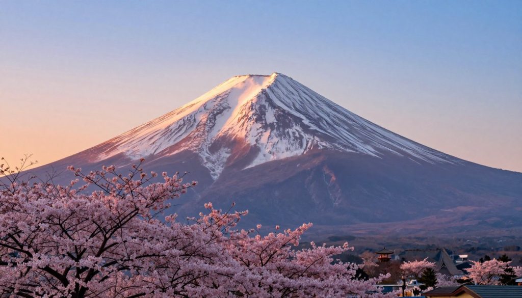 A majestic view of Mount Fuji, symbolizing Japanese culture, stands prominently in the foreground with its snow-capped peak glistening under a soft, golden sunrise. In the middle ground, delicate cherry blossom trees, adorned with vibrant pink blossoms, frame the base of the mountain, enhancing the serene and picturesque landscape. In the background, a clear blue sky transitions into warm hues of orange and pink, reflecting a tranquil morning. The composition captures the mountain's grandeur from a slight angle, providing depth and perspective. The lighting is soft and warm, creating an inviting atmosphere that conveys peace and reverence. The scene is devoid of any human presence or man-made structures, focusing entirely on the natural beauty and cultural significance of Mount Fuji. A majestic view of Mount Fuji, symbolizing Japanese culture, stands prominently in the foreground with its snow-capped peak glistening under a soft, golden sunrise. In the middle ground, delicate cherry blossom trees, adorned with vibrant pink blossoms, frame the base of the mountain, enhancing the serene and picturesque landscape. In the background, a clear blue sky transitions into warm hues of orange and pink, reflecting a tranquil morning. The composition captures the mountain's grandeur from a slight angle, providing depth and perspective. The lighting is soft and warm, creating an inviting atmosphere that conveys peace and reverence. The scene is devoid of any human presence or man-made structures, focusing entirely on the natural beauty and cultural significance of Mount Fuji.