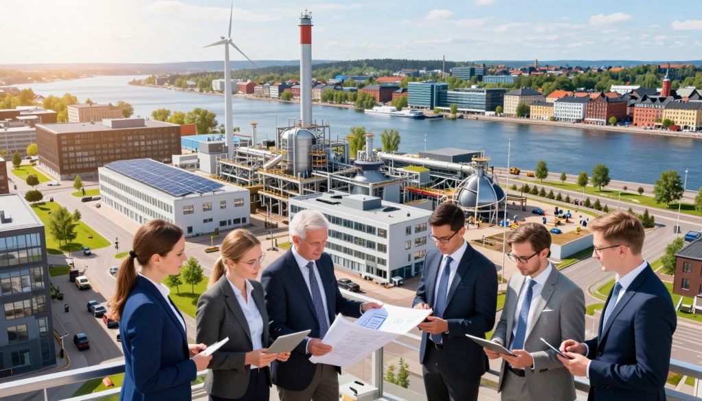 A modern industrial landscape in Turku, Finland, showcasing vibrant economic activity and development. In the foreground, a diverse group of professionals in business attire collaborate on a project, with blueprints and electronic devices in hand. The middle ground features contemporary buildings and bustling factories, with solar panels and wind turbines symbolizing sustainable industry. In the background, the serene Aura River flows, lined with green spaces and modern architecture that blends seamlessly with historical structures. Bright, natural lighting enhances the productivity atmosphere, while a slight lens flare adds a touch of optimism. The overall mood is dynamic and forward-looking, emphasizing innovation and modernity in Turku’s industrial sector. A modern industrial landscape in Turku, Finland, showcasing vibrant economic activity and development. In the foreground, a diverse group of professionals in business attire collaborate on a project, with blueprints and electronic devices in hand. The middle ground features contemporary buildings and bustling factories, with solar panels and wind turbines symbolizing sustainable industry. In the background, the serene Aura River flows, lined with green spaces and modern architecture that blends seamlessly with historical structures. Bright, natural lighting enhances the productivity atmosphere, while a slight lens flare adds a touch of optimism. The overall mood is dynamic and forward-looking, emphasizing innovation and modernity in Turku’s industrial sector.