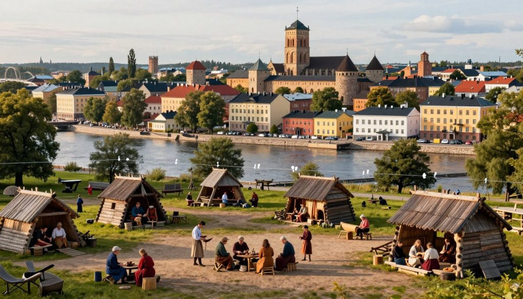 A panoramic view of Turku, Finland, capturing its historical evolution from the Bronze Age to modern times. In the foreground, a vibrant Bronze Age settlement with wooden structures and inhabitants engaged in traditional crafts, wearing period-appropriate clothing. The middle ground features a timeline representation showing the development of Turku, including medieval architecture like Turku Castle and the Cathedral, seamlessly blending into modern buildings. The background displays the serene Aura River with lush greenery and a hint of modern bridges. Soft, golden daylight illuminates the scene, casting gentle shadows to enhance depth. The atmosphere is a harmonious blend of history and progress, evoking curiosity and admiration for Turku’s rich heritage. A panoramic view of Turku, Finland, capturing its historical evolution from the Bronze Age to modern times. In the foreground, a vibrant Bronze Age settlement with wooden structures and inhabitants engaged in traditional crafts, wearing period-appropriate clothing. The middle ground features a timeline representation showing the development of Turku, including medieval architecture like Turku Castle and the Cathedral, seamlessly blending into modern buildings. The background displays the serene Aura River with lush greenery and a hint of modern bridges. Soft, golden daylight illuminates the scene, casting gentle shadows to enhance depth. The atmosphere is a harmonious blend of history and progress, evoking curiosity and admiration for Turku’s rich heritage.