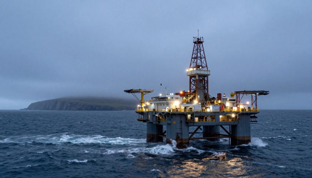A panoramic view of an offshore oil drilling platform in the Irish Sea, surrounded by choppy waves under a dramatic, overcast sky. In the foreground, the rig's towering structures with bright safety lights glimmer against the steel blue ocean. The middle ground features waves crashing against the platform's supports, with oil slicks shimmering on the water's surface. In the background, distant cliffs of Ireland are partially shrouded in mist, enhancing the sense of isolation and rugged beauty. The lighting is moody and dynamic, highlighting the energy and industriousness of the scene. Capture this image with a wide-angle lens, focusing on the platform while allowing the turbulent sea to emphasize its scale and the environment. The atmosphere conveys a blend of awe and the raw power of offshore energy exploration. A panoramic view of an offshore oil drilling platform in the Irish Sea, surrounded by choppy waves under a dramatic, overcast sky. In the foreground, the rig's towering structures with bright safety lights glimmer against the steel blue ocean. The middle ground features waves crashing against the platform's supports, with oil slicks shimmering on the water's surface. In the background, distant cliffs of Ireland are partially shrouded in mist, enhancing the sense of isolation and rugged beauty. The lighting is moody and dynamic, highlighting the energy and industriousness of the scene. Capture this image with a wide-angle lens, focusing on the platform while allowing the turbulent sea to emphasize its scale and the environment. The atmosphere conveys a blend of awe and the raw power of offshore energy exploration.