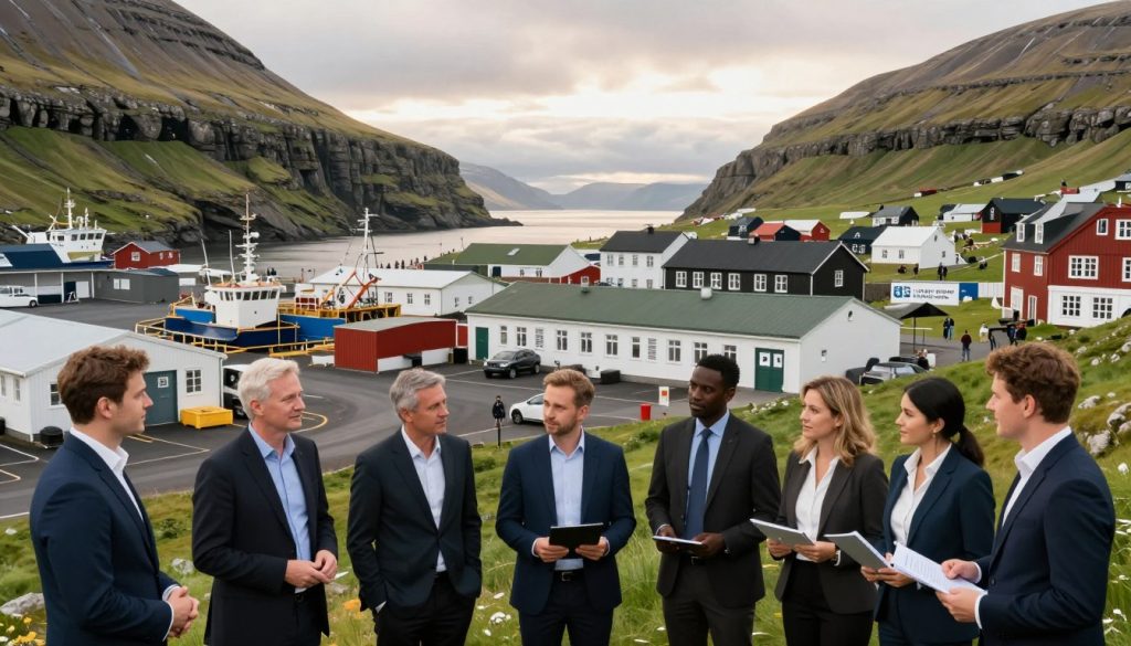 A panoramic view of the Faroe Islands showcasing the labor market, with a focus on workers in a variety of professional settings. In the foreground, a group of diverse individuals dressed in smart business attire, discussing job opportunities. In the middle ground, scenes of local workplaces, such as fish processing plants, tech startups, and tourism offices, highlighting the island’s economic activities. The background features rugged cliffs and charming villages, typical of the archipelago’s landscape. Soft, natural lighting casts a warm glow over the scene, suggesting a late afternoon. The mood is optimistic and vibrant, conveying a sense of community and opportunity in the Faroe Islands' job market. A panoramic view of the Faroe Islands showcasing the labor market, with a focus on workers in a variety of professional settings. In the foreground, a group of diverse individuals dressed in smart business attire, discussing job opportunities. In the middle ground, scenes of local workplaces, such as fish processing plants, tech startups, and tourism offices, highlighting the island’s economic activities. The background features rugged cliffs and charming villages, typical of the archipelago’s landscape. Soft, natural lighting casts a warm glow over the scene, suggesting a late afternoon. The mood is optimistic and vibrant, conveying a sense of community and opportunity in the Faroe Islands' job market.