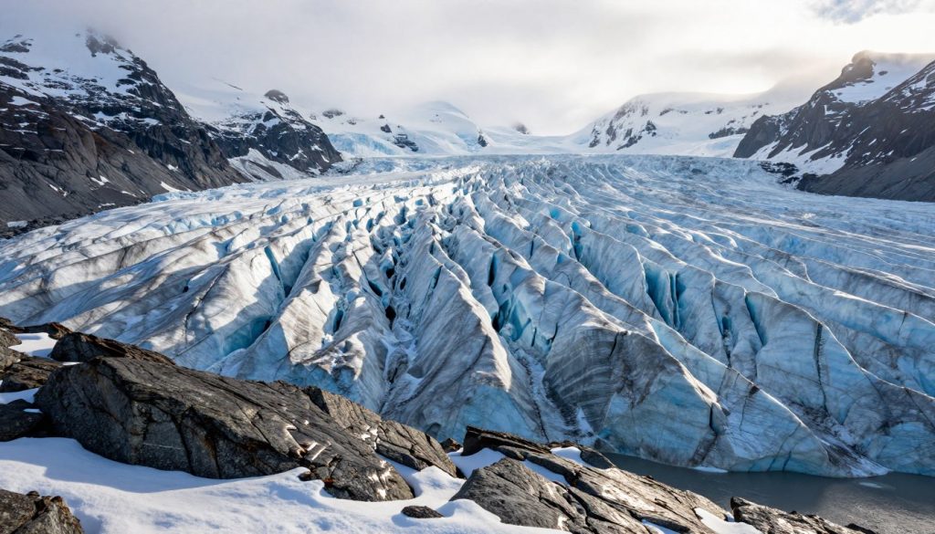 A panoramic view of the Jostedalsbreen glacier, capturing its vast icy expanse and intricate formations. In the foreground, rugged rocky terrain is dusted with patches of snow, reflecting sunlight. The middle layer showcases the glacier's massive ice flow, featuring sharp crevasses and deep blue ice caverns. In the background, majestic snow-capped mountains rise, partially shrouded in mist, evoking a sense of grandeur and mystery. The atmosphere is serene yet powerful, with soft daylight illuminating the scene, casting gentle shadows to enhance the textured ice. A wide-angle lens perspective emphasizes the glacier&rsquo;s enormity, creating a breathtaking view that embodies the history and dynamism of Europe&rsquo;s largest glacier in Norway.