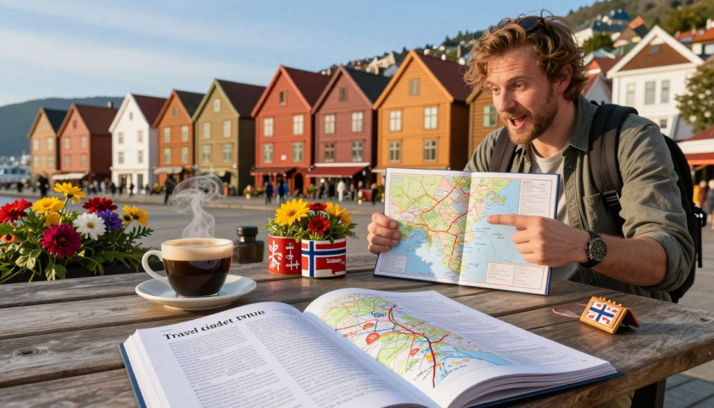 A picturesque scene capturing the essence of Bergen, Norway, focused on practical travel tips for visitors. In the foreground, a stylish travel guidebook lies open on a wooden table, featuring maps and notes about local attractions. A steaming cup of coffee sits beside it, inviting and warm. In the middle ground, a travel blogger in modest casual clothing is pointing excitedly towards a detailed map of Bergen, surrounded by colorful flowers and local crafts that reflect Norwegian culture. The background reveals the iconic Bryggen wharf, with its historic wooden houses bathed in golden morning light, under a clear blue sky. The overall atmosphere evokes curiosity and adventure, highlighting both the beauty and practicality of exploring Bergen. A picturesque scene capturing the essence of Bergen, Norway, focused on practical travel tips for visitors. In the foreground, a stylish travel guidebook lies open on a wooden table, featuring maps and notes about local attractions. A steaming cup of coffee sits beside it, inviting and warm. In the middle ground, a travel blogger in modest casual clothing is pointing excitedly towards a detailed map of Bergen, surrounded by colorful flowers and local crafts that reflect Norwegian culture. The background reveals the iconic Bryggen wharf, with its historic wooden houses bathed in golden morning light, under a clear blue sky. The overall atmosphere evokes curiosity and adventure, highlighting both the beauty and practicality of exploring Bergen.