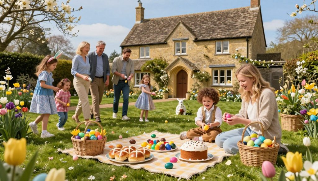 A picturesque scene depicting Easter customs in Great Britain, showcasing a traditional family gathering in a beautifully decorated garden. In the foreground, a vibrant picnic spread includes classic Easter dishes like hot cross buns, chocolate eggs, and a simnel cake. The middle ground features a cheerful family dressed in smart casual attire, engaged in an egg hunt with children laughing and searching for hidden eggs among blooming flowers. In the background, there's a charming stone cottage adorned with spring decorations and a clear blue sky. The lighting is warm and inviting, casting soft shadows and creating a joyful atmosphere. The overall mood is festive, celebrating both traditional and modern Easter customs. A picturesque scene depicting Easter customs in Great Britain, showcasing a traditional family gathering in a beautifully decorated garden. In the foreground, a vibrant picnic spread includes classic Easter dishes like hot cross buns, chocolate eggs, and a simnel cake. The middle ground features a cheerful family dressed in smart casual attire, engaged in an egg hunt with children laughing and searching for hidden eggs among blooming flowers. In the background, there's a charming stone cottage adorned with spring decorations and a clear blue sky. The lighting is warm and inviting, casting soft shadows and creating a joyful atmosphere. The overall mood is festive, celebrating both traditional and modern Easter customs.