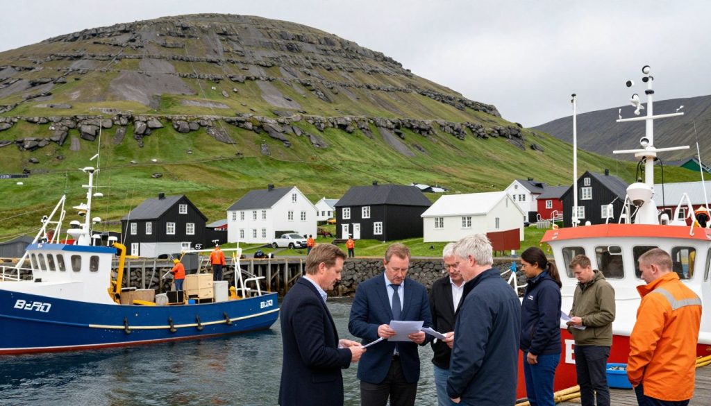 A picturesque scene illustrating the work life on the Faroe Islands, showcasing a busy harbor with fishing boats and workers in professional attire, emphasizing the theme of earnings. In the foreground, a diverse group of individuals is engaged in various activities such as discussing job opportunities and reviewing employment offers, all dressed in smart casual clothing. The middle ground features charming, colorful houses typical of the islands, reflecting a vibrant yet serene atmosphere. In the background, rolling green hills and the rugged coast illustrate the islands' natural beauty under soft, diffused sunlight, creating an uplifting mood. The angle is slightly elevated, capturing both the energy of the work scene and the tranquility of the surrounding landscape. A picturesque scene illustrating the work life on the Faroe Islands, showcasing a busy harbor with fishing boats and workers in professional attire, emphasizing the theme of earnings. In the foreground, a diverse group of individuals is engaged in various activities such as discussing job opportunities and reviewing employment offers, all dressed in smart casual clothing. The middle ground features charming, colorful houses typical of the islands, reflecting a vibrant yet serene atmosphere. In the background, rolling green hills and the rugged coast illustrate the islands' natural beauty under soft, diffused sunlight, creating an uplifting mood. The angle is slightly elevated, capturing both the energy of the work scene and the tranquility of the surrounding landscape.