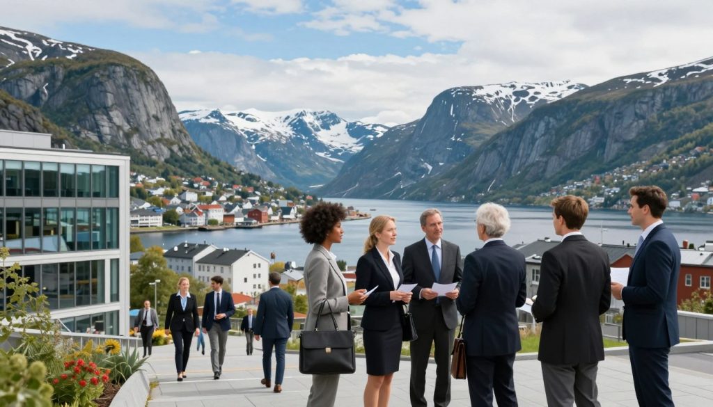 A picturesque view of Norway's stunning landscapes, focusing on a bustling urban area that represents job opportunities. In the foreground, a diverse group of professionals in smart business attire engages in a discussion, holding briefcases and documents, symbolizing work dynamics. The middle ground features modern office buildings with large windows reflecting the vibrant city life, while the background showcases majestic fjords and snow-capped mountains under a clear blue sky. Soft natural lighting creates a welcoming and optimistic atmosphere. The image should capture the essence of employment opportunities in Norway, emphasizing a sense of growth and prosperity in the professional sector.