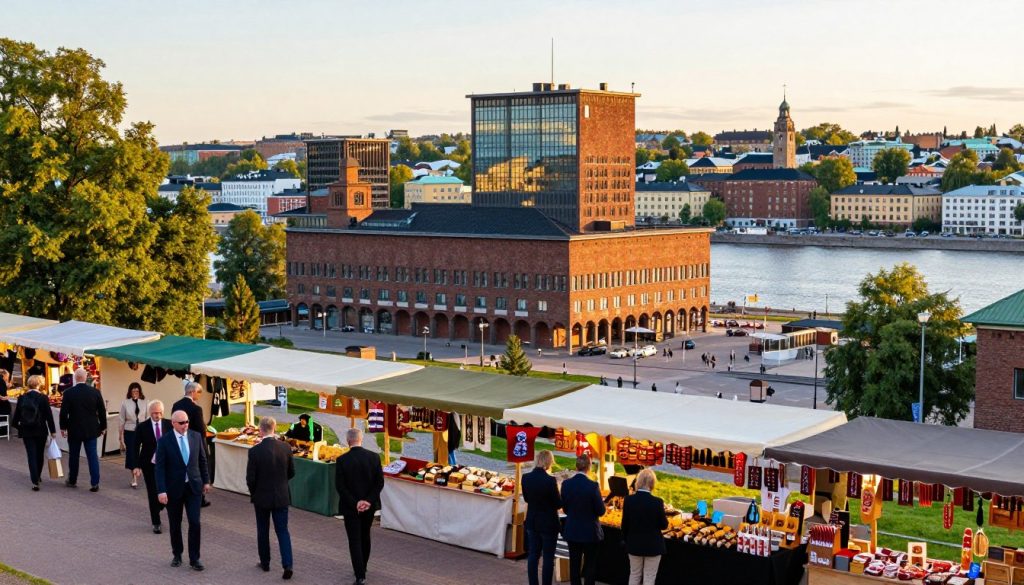 A picturesque view of Oulu, Finland, showcasing its cultural and historical attractions. In the foreground, a vibrant scene of people in professional business attire, exploring the open-air market, with colorful stalls displaying local crafts and delicacies. In the middle ground, the striking architecture of the Oulu City Hall stands prominently, reflecting the unique blend of modern and historic Finnish design. The backdrop features the serene Oulu River, flanked by lush greenery and the iconic, historic buildings of the city. The lighting is warm and inviting, with a golden hour glow enhancing the atmosphere. The image should capture a sense of community and exploration, inviting the viewer to appreciate the rich cultural tapestry of Oulu. The angle is slightly elevated, providing a panoramic view that captures the essence of this charming city.