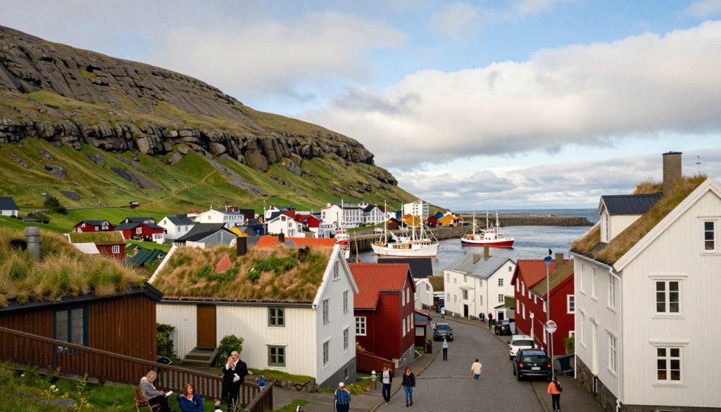 A picturesque view of T&oacute;rshavn, the capital of the Faroe Islands, showcasing its charming blend of colorful wooden houses with grass roofs in the foreground. The quaint streets are bustling with locals and visitors, some casually dressed and enjoying the atmosphere. In the middle ground, a vibrant harbor filled with small fishing boats contrasts against the backdrop of rugged green hills and rocky cliffs. The sky is bright, with soft, fluffy clouds, suggesting a sunny day. This tranquil scene is illuminated by warm sunlight, creating a cozy yet lively mood. The image is captured from a slight elevation, giving a panoramic perspective of the city and its stunning natural surroundings, while maintaining a focus on the unique architectural features.