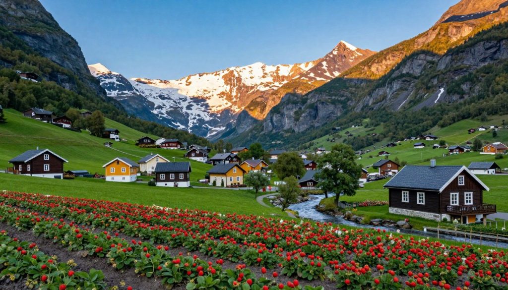 A picturesque view of Valldal, showcasing the charming essence of small Norwegian villages surrounded by lush green hills and majestic mountains. In the foreground, vibrant strawberry fields stretch out under a clear blue sky, reflecting the region’s agricultural heritage. The middle ground features quaint wooden houses with colorful facades, nestled among trees and flower gardens, evoking a sense of warmth and welcoming atmosphere. In the background, towering snow-capped peaks rise dramatically, casting soft shadows as the sun sets, bathing the landscape in golden light. A gentle stream flows through, enhancing the serene mood. Capture this image from a slightly elevated angle to provide depth, highlighting the beauty of Valldal’s surroundings in a tranquil summer setting. A picturesque view of Valldal, showcasing the charming essence of small Norwegian villages surrounded by lush green hills and majestic mountains. In the foreground, vibrant strawberry fields stretch out under a clear blue sky, reflecting the region’s agricultural heritage. The middle ground features quaint wooden houses with colorful facades, nestled among trees and flower gardens, evoking a sense of warmth and welcoming atmosphere. In the background, towering snow-capped peaks rise dramatically, casting soft shadows as the sun sets, bathing the landscape in golden light. A gentle stream flows through, enhancing the serene mood. Capture this image from a slightly elevated angle to provide depth, highlighting the beauty of Valldal’s surroundings in a tranquil summer setting.