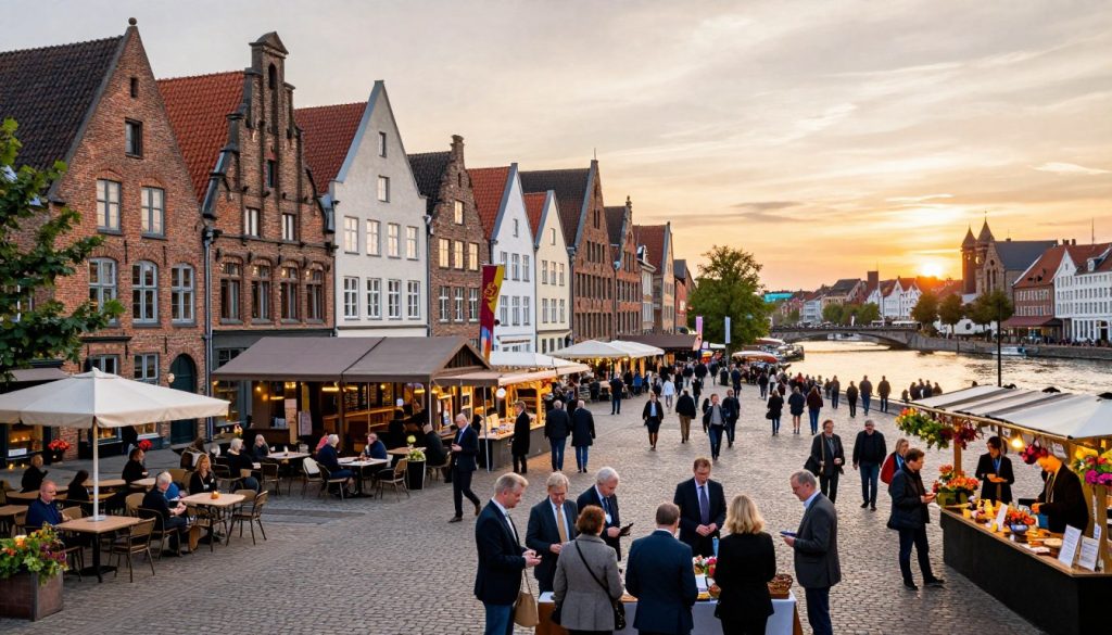 A picturesque view of a Hanseatic city, showcasing grand medieval architecture with ornate gables and brick buildings lining a bustling market square. In the foreground, a group of diverse merchants in professional attire engaging in trade, emphasizing the city's role in commerce. The middle ground features quaint cafes and artisan stalls, adorned with vibrant flowers and historical banners fluttering in the gentle breeze. In the background, a serene river reflects the soft golden light of a sunset, casting warm hues over the scene. The atmosphere is lively and inviting, capturing the essence of trade and community in a Hanseatic city. The lens is set to a wide angle to encompass the depth and character of the bustling square, creating a warm, welcoming ambiance. A picturesque view of a Hanseatic city, showcasing grand medieval architecture with ornate gables and brick buildings lining a bustling market square. In the foreground, a group of diverse merchants in professional attire engaging in trade, emphasizing the city's role in commerce. The middle ground features quaint cafes and artisan stalls, adorned with vibrant flowers and historical banners fluttering in the gentle breeze. In the background, a serene river reflects the soft golden light of a sunset, casting warm hues over the scene. The atmosphere is lively and inviting, capturing the essence of trade and community in a Hanseatic city. The lens is set to a wide angle to encompass the depth and character of the bustling square, creating a warm, welcoming ambiance.
