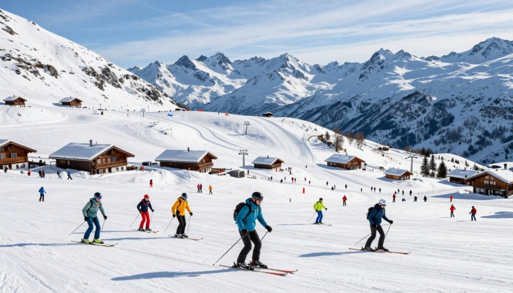 A picturesque view of the best ski resorts in Norway, showcasing snow-covered mountains with various ski slopes winding through the pristine white landscape. In the foreground, a group of skiers in bright, professional ski attire gracefully navigate down a well-groomed trail, embodying joy and excitement. The middle ground features luxurious wooden cabins, ski lifts, and cheerful winter sports enthusiasts enjoying the scenic beauty. In the background, towering mountains rise majestically under a clear blue sky, with soft sunlight illuminating the glittering snow. The atmosphere is energetic and inviting, capturing the essence of an ideal ski getaway in Norway. The composition is dynamic, with a wide-angle perspective that emphasizes the sweeping landscape and vibrant activity. A picturesque view of the best ski resorts in Norway, showcasing snow-covered mountains with various ski slopes winding through the pristine white landscape. In the foreground, a group of skiers in bright, professional ski attire gracefully navigate down a well-groomed trail, embodying joy and excitement. The middle ground features luxurious wooden cabins, ski lifts, and cheerful winter sports enthusiasts enjoying the scenic beauty. In the background, towering mountains rise majestically under a clear blue sky, with soft sunlight illuminating the glittering snow. The atmosphere is energetic and inviting, capturing the essence of an ideal ski getaway in Norway. The composition is dynamic, with a wide-angle perspective that emphasizes the sweeping landscape and vibrant activity.