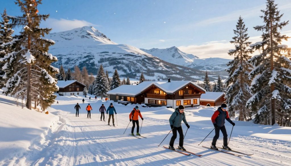 A picturesque winter landscape showcasing the unique experiences of &Aring;re and S&auml;len. In the foreground, a group of diverse skiers in modest winter clothing enthusiastically navigating a snowy slope, with vibrant snow-capped trees framing their path. In the middle ground, the quaint ski lodge of &Aring;re is visible, featuring traditional Scandinavian architecture surrounded by gently falling snowflakes and the warm glow of lights shining through the windows. The background reveals majestic mountains under a clear blue sky, accentuated by soft golden sunlight casting long shadows across the pristine snow. The atmosphere is joyful and adventurous, capturing the spirit of winter sports in Sweden. The scene is shot with a wide-angle lens to emphasize the vastness of the snowy landscape.
