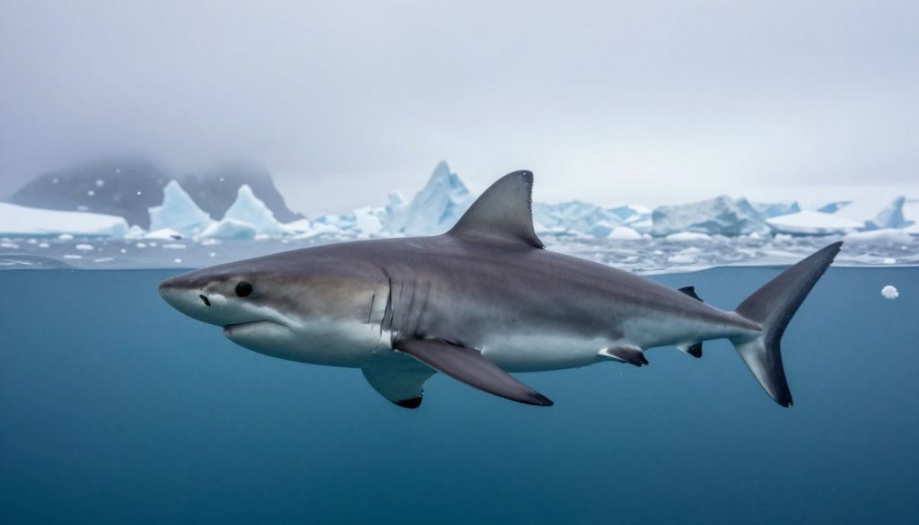 A polar shark gracefully swims in the icy waters of its Arctic habitat, showcasing its unique physiological adaptations to extreme conditions. The foreground features the shark's sleek body with a streamlined shape, emphasizing its specialized features like a layer of blubber and a unique coloration that camouflages it against the icy backdrop. In the middle ground, the shimmering blue water is dotted with floating icebergs, while the faint silhouette of a polar landscape is blurred in the background, capturing the harsh Arctic environment. The lighting is soft and diffused, simulating the serene and cold atmosphere of underwater Arctic scenes, while a slight upward angle highlights the shark's majestic form. The overall mood evokes a sense of wonder at the adaptations that enable this creature to thrive in such frigid waters.