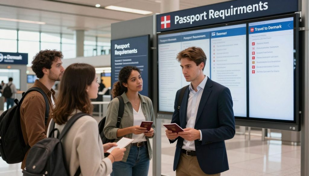 A practical guide setting in a well-lit airport scene, showcasing a diverse group of travelers interacting with a large information board displaying travel requirements for Denmark. In the foreground, a young professional in business attire studies a passport while speaking to a friend dressed casually but neatly. The middle of the image includes various signs and screens highlighting "Passport Requirements" and "Travel to Denmark". The background features an airport terminal with modern architecture and soft, natural lighting filtering through large windows, creating a welcoming atmosphere. The overall mood is informative and engaging, capturing the essence of travel preparation and the importance of knowing when a passport is necessary. A practical guide setting in a well-lit airport scene, showcasing a diverse group of travelers interacting with a large information board displaying travel requirements for Denmark. In the foreground, a young professional in business attire studies a passport while speaking to a friend dressed casually but neatly. The middle of the image includes various signs and screens highlighting "Passport Requirements" and "Travel to Denmark". The background features an airport terminal with modern architecture and soft, natural lighting filtering through large windows, creating a welcoming atmosphere. The overall mood is informative and engaging, capturing the essence of travel preparation and the importance of knowing when a passport is necessary.