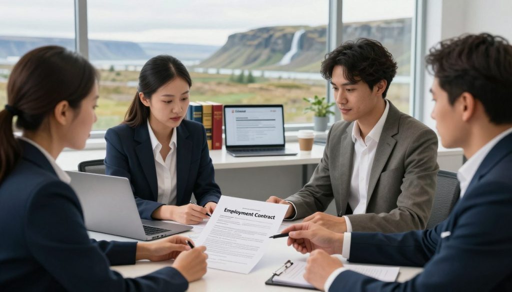 A professional office setting in Iceland, emphasizing work contracts and labor law. In the foreground, a diverse group of professionals, dressed in business attire, are discussing a document titled "Employment Contract". They appear engaged and collaborative. The middle background shows a modern desk with legal books, a laptop open displaying Iceland's labor regulations, and a coffee cup. Natural light streams through large windows, illuminating the scene and highlighting the vibrant colors in the office. The background features a scenic view of Iceland's landscape, including mountains and waterfalls, creating a serene yet focused atmosphere. The image should evoke a sense of professionalism and diligence in the realm of employment laws in Iceland, with a clean and organized aesthetic.