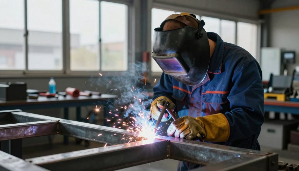 A professional welder in a modern workshop, wearing safety gear including a helmet and protective clothing, carefully working on a metal structure. In the foreground, sparks fly from the welding torch, highlighting the precision and skill of the trade. The middle ground features tools and materials organized on a workstation, demonstrating a well-equipped environment conducive to professional growth. In the background, large windows allow natural light to pour in, illuminating the workspace and casting dynamic shadows. The atmosphere is focused and industrious, conveying the dedication required for career advancement in welding. The angle captures the welder in action, emphasizing the importance of craftsmanship in expanding career opportunities in the field.