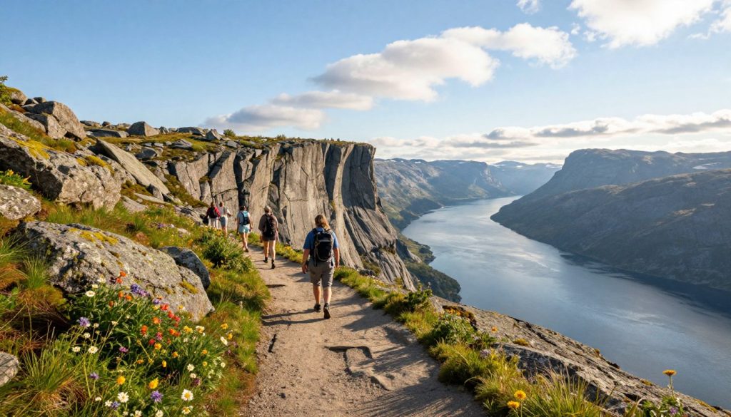 A scenic hiking trail leading to Preikestolen in Norway, showcasing the rugged beauty of the terrain. In the foreground, a well-trodden path winds through a lush landscape dotted with vibrant wildflowers and moss-covered rocks. In the middle ground, hikers clad in modest casual clothing can be seen trekking towards the iconic cliff. The background features dramatic fjords and towering cliffs under a bright blue sky, with soft white clouds casting gentle shadows on the landscape. Early morning sunlight bathes the scene in a warm golden hue, creating a serene and inviting atmosphere. The camera angle captures the trail winding upward, emphasizing the journey towards the breathtaking Preikestolen plateau.