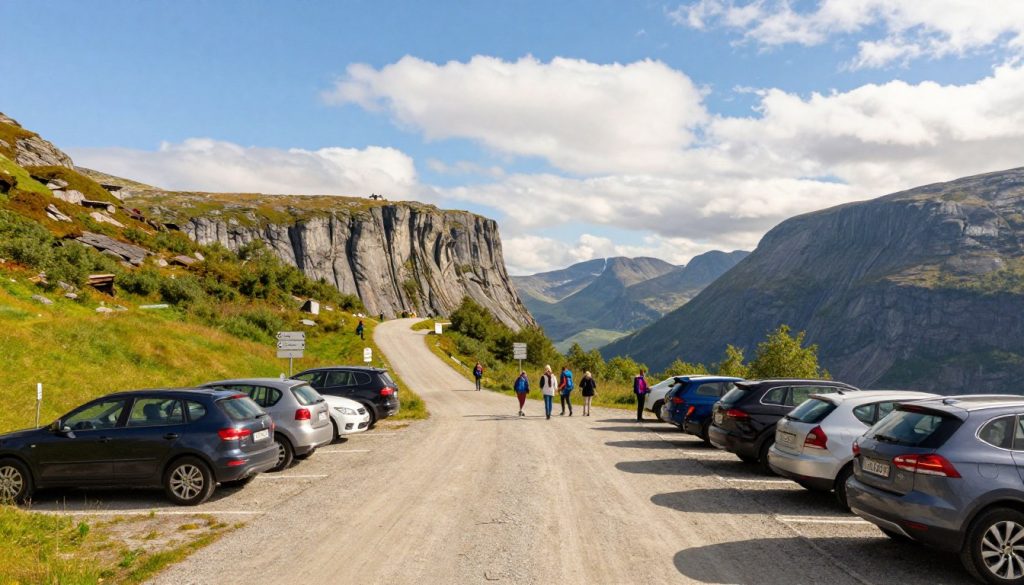 A scenic view of a well-maintained parking area near the beginning of a hiking trail leading to Preikestolen in Norway. In the foreground, several parked cars, including a few SUVs and compact vehicles, are neatly arranged on a gravel lot, with some hikers in casual attire preparing for their trek. The middle ground features a clear, marked pathway surrounded by lush green grass and shrubs, with signposts indicating directions. In the background, the majestic cliffs of Preikestolen rise dramatically against a brilliant blue sky dotted with soft, white clouds, casting gentle shadows on the landscape. The image should have warm, natural lighting to evoke a welcoming atmosphere, shot from a slightly elevated angle to capture both the parking area and the scenic beauty of the surroundings, providing a sense of adventure and accessibility.