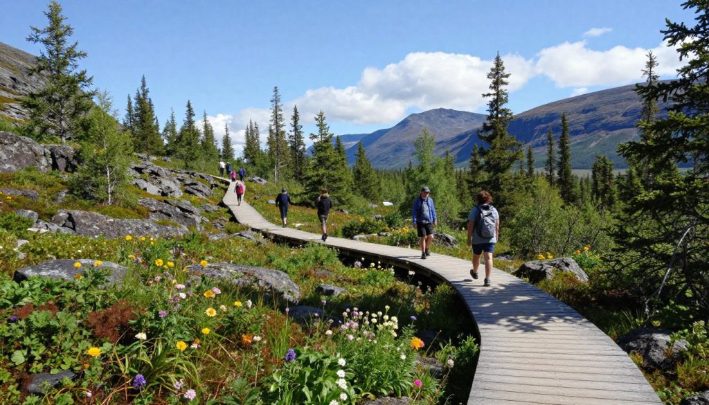 A scenic view of hiking trails in Abisko National Park, Sweden, showcasing unique wooden walkways winding through lush, green forests and rocky terrains. In the foreground, vibrant wildflowers in various hues bloom along the trail, inviting explorers into the breathtaking landscape. The middle ground features hikers in modest outdoor attire, enjoying the fresh air and stunning scenery. The background consists of majestic mountains under a clear, blue sky, with a few fluffy white clouds drifting by. Soft sunlight filters through the trees, creating dappled shadows on the ground, while a sense of calm and adventure permeates the scene. Capture this image from a slightly elevated angle to highlight the vastness and beauty of the trails.