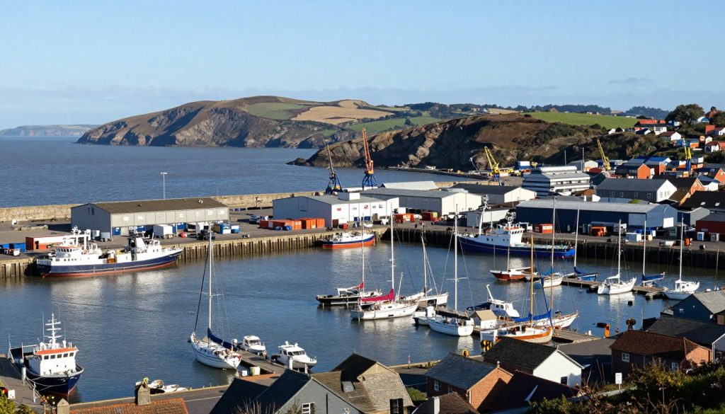 A scenic view of the Bristol Channel showcasing bustling ports. In the foreground, depict detailed marina docks filled with a variety of sailing boats and commercial vessels, emphasizing their economic significance. In the middle ground, illustrate a vibrant port area with modern warehouses and cranes, hinting at trade activity. In the background, portray the rugged coastline with rolling hills under a clear, sunny sky, casting soft shadows over the water. The lighting should be bright and inviting, capturing the lively atmosphere of the port. Use a wide-angle lens perspective to encompass the energetic scene. This image should evoke a sense of industry and natural beauty. A scenic view of the Bristol Channel showcasing bustling ports. In the foreground, depict detailed marina docks filled with a variety of sailing boats and commercial vessels, emphasizing their economic significance. In the middle ground, illustrate a vibrant port area with modern warehouses and cranes, hinting at trade activity. In the background, portray the rugged coastline with rolling hills under a clear, sunny sky, casting soft shadows over the water. The lighting should be bright and inviting, capturing the lively atmosphere of the port. Use a wide-angle lens perspective to encompass the energetic scene. This image should evoke a sense of industry and natural beauty.
