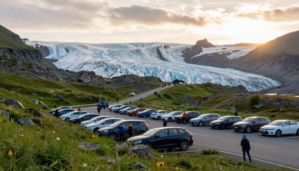 A scenic view of the Jostedalsbreen glacier, showcasing a well-maintained parking area filled with cars and visitors dressed in modest outdoor attire. In the foreground, lush green grass and small rocks lead to the parking lot, where people are seen preparing for their journey. The middle ground features a clear access road winding through a picturesque alpine landscape, flanked by wildflowers and gentle slopes. In the background, towering ice-blue glaciers glisten under a soft, golden sunset, casting a serene light across the entire scene. Capture the atmosphere of anticipation and adventure, with the sun's rays illuminating the glacier's surface and creating a peaceful ambiance. Use a wide-angle lens to encapsulate the grandeur of the landscape.