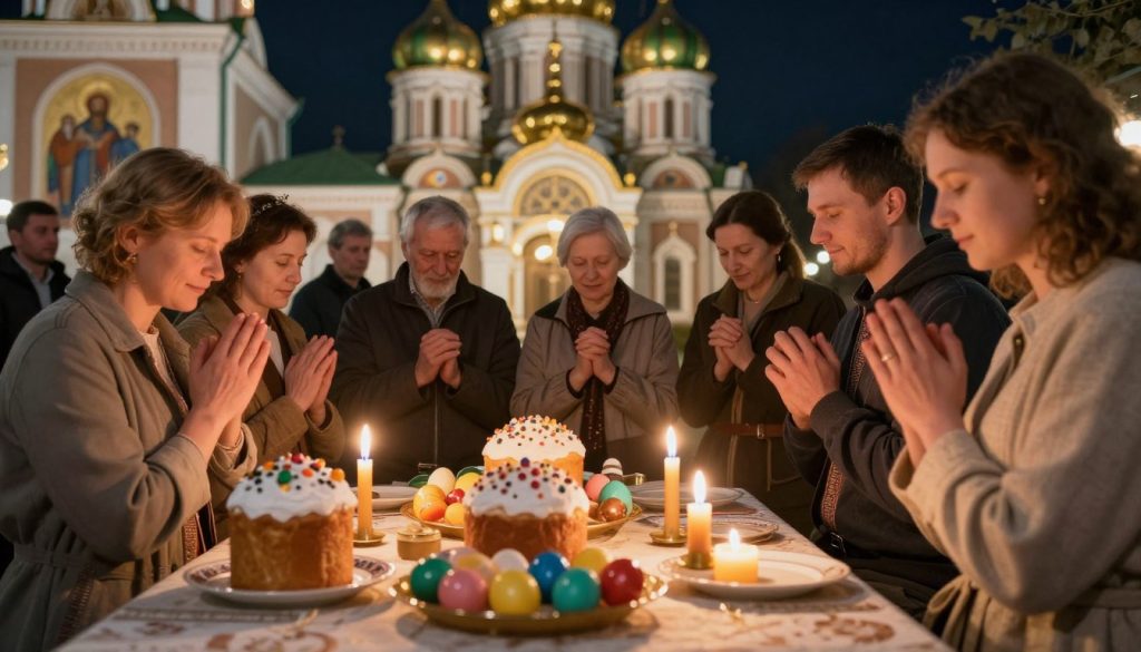 A serene and intimate scene depicting Orthodox Easter rituals in Russia. In the foreground, a beautifully decorated table is laden with traditional foods like kulich (Easter bread) and dyed eggs, surrounded by candles flickering gently. In the middle, a group of individuals in modest casual clothing are engaged in prayer, holding hands, their faces reflecting devotion and joy. In the background, ornate church architecture with gilded domes and vibrant icons highlights the significance of the occasion. Soft, warm lighting bathes the scene, evoking a peaceful, spiritual atmosphere, while the angle captures a sense of closeness and community, inviting the viewer into this cherished moment of celebration and faith. A serene and intimate scene depicting Orthodox Easter rituals in Russia. In the foreground, a beautifully decorated table is laden with traditional foods like kulich (Easter bread) and dyed eggs, surrounded by candles flickering gently. In the middle, a group of individuals in modest casual clothing are engaged in prayer, holding hands, their faces reflecting devotion and joy. In the background, ornate church architecture with gilded domes and vibrant icons highlights the significance of the occasion. Soft, warm lighting bathes the scene, evoking a peaceful, spiritual atmosphere, while the angle captures a sense of closeness and community, inviting the viewer into this cherished moment of celebration and faith.