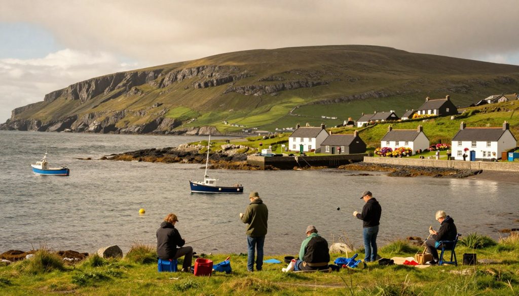 A serene coastal scene illustrating the impact of the Irish Sea on the local culture. In the foreground, a group of people in modest casual clothing, engaged in traditional Irish activities like fishing and crafting, showcasing their cultural heritage. The middle ground features quaint cottages adorned with colorful flowers, with fishing boats gently bobbing in the water. The background reveals rolling green hills and dramatic cliffs under a cloudy sky, capturing the essence of the Irish landscape. Soft, natural lighting casts warm hues over the scene, creating a nostalgic atmosphere. The composition includes a wide-angle view, emphasizing the unique relationship between the sea and the vibrant culture it nurtures. A serene coastal scene illustrating the impact of the Irish Sea on the local culture. In the foreground, a group of people in modest casual clothing, engaged in traditional Irish activities like fishing and crafting, showcasing their cultural heritage. The middle ground features quaint cottages adorned with colorful flowers, with fishing boats gently bobbing in the water. The background reveals rolling green hills and dramatic cliffs under a cloudy sky, capturing the essence of the Irish landscape. Soft, natural lighting casts warm hues over the scene, creating a nostalgic atmosphere. The composition includes a wide-angle view, emphasizing the unique relationship between the sea and the vibrant culture it nurtures.