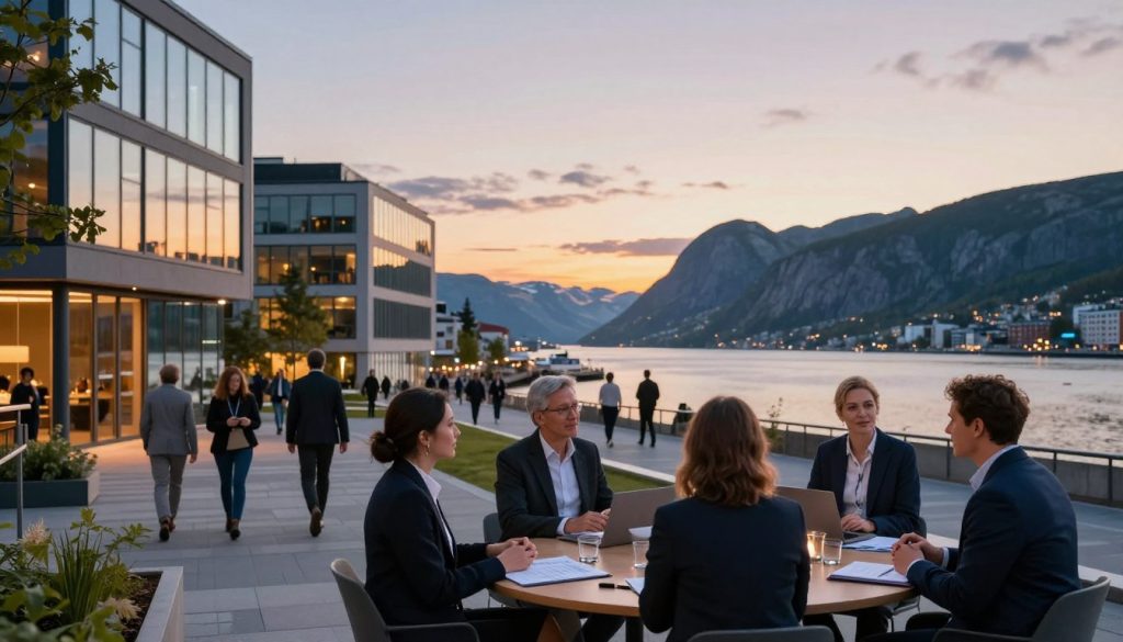 A serene, contemporary Norwegian cityscape at dusk, showcasing professionals engaging in career development activities. In the foreground, a diverse group of individuals in smart business attire are gathered around a modern outdoor meeting area, discussing opportunities and exchanging ideas. In the middle ground, sleek office buildings with large glass windows reflect the vibrant hues of the setting sun, while people walk purposefully along pedestrian pathways. The background features stunning Norwegian fjords and mountains, adding a sense of natural beauty and inspiration. Warm, inviting lighting bathes the scene, creating a hopeful and optimistic atmosphere, symbolizing career growth and opportunities in Norway.