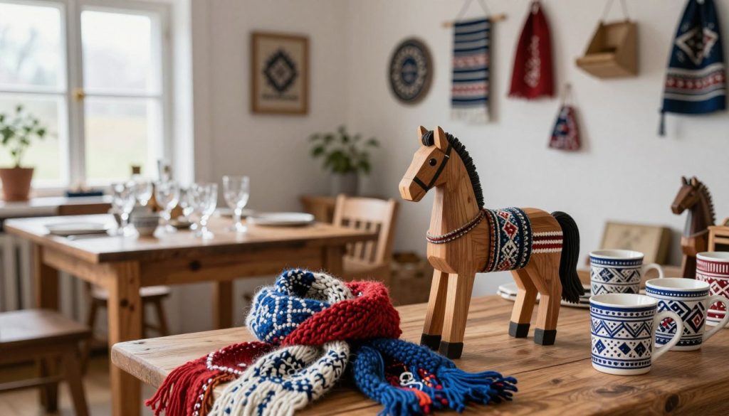 A serene display of Swedish craftsmanship, featuring handmade wooden figurines and intricately woven textiles in a cozy, rustic setting. In the foreground, a beautifully crafted Dala horse stands proudly beside colorful hand-knit woolen scarves, while artisanal ceramic mugs boast unique patterns. The middle ground showcases a wooden table adorned with traditional Swedish glassware twinkling in soft, natural light filtering through a nearby window. In the background, a wall decorated with various handcrafted items represents Swedish design, merging tradition with modernity. The atmosphere is warm and inviting, evoking a sense of heritage and artistry. The scene is shot with a soft focus, using a wide-angle lens at a slightly elevated angle to capture the essence of Swedish design and handicrafts effectively. A serene display of Swedish craftsmanship, featuring handmade wooden figurines and intricately woven textiles in a cozy, rustic setting. In the foreground, a beautifully crafted Dala horse stands proudly beside colorful hand-knit woolen scarves, while artisanal ceramic mugs boast unique patterns. The middle ground showcases a wooden table adorned with traditional Swedish glassware twinkling in soft, natural light filtering through a nearby window. In the background, a wall decorated with various handcrafted items represents Swedish design, merging tradition with modernity. The atmosphere is warm and inviting, evoking a sense of heritage and artistry. The scene is shot with a soft focus, using a wide-angle lens at a slightly elevated angle to capture the essence of Swedish design and handicrafts effectively.