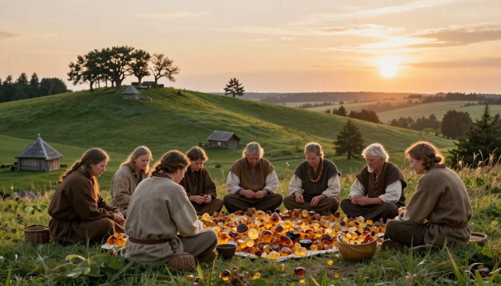 A serene landscape depicting the historical significance of the Baltic tribes in Central Europe. In the foreground, a group of Baltic people in traditional yet modest attire, engaged in amber trading, surrounded by polished amber gemstones. They express determination and camaraderie. In the middle ground, lush green hills dotted with ancient trees and small wooden huts, reflecting their connection to nature. The background showcases a soft, hazy horizon under a warm golden sunset, enveloping the scene in a tranquil, nostalgic atmosphere. The lighting highlights the shimmering amber and enhances the earthy tones of the landscape, evoking a sense of history and culture. Capture this moment with a wide-angle view, providing depth and a sense of place. A serene landscape depicting the historical significance of the Baltic tribes in Central Europe. In the foreground, a group of Baltic people in traditional yet modest attire, engaged in amber trading, surrounded by polished amber gemstones. They express determination and camaraderie. In the middle ground, lush green hills dotted with ancient trees and small wooden huts, reflecting their connection to nature. The background showcases a soft, hazy horizon under a warm golden sunset, enveloping the scene in a tranquil, nostalgic atmosphere. The lighting highlights the shimmering amber and enhances the earthy tones of the landscape, evoking a sense of history and culture. Capture this moment with a wide-angle view, providing depth and a sense of place.