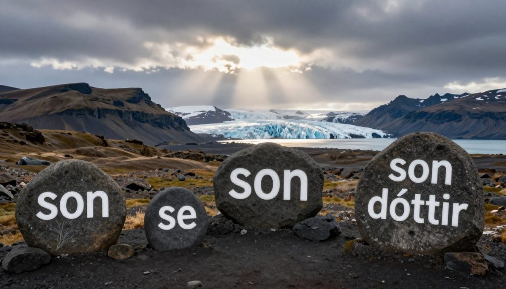 A serene landscape of Iceland illustrating various traditional Icelandic surnames. In the foreground, artistic representations of surnames ending in -son and -dóttir are elegantly displayed, perhaps as carved wooden signs or etched stones. The middle ground features a scenic view of rolling hills and volcanic mountains, under a dramatic cloudy sky with rays of sunlight breaking through, creating a mystical atmosphere. In the background, distant glaciers and a shimmering fjord enhance the striking beauty of the Icelandic terrain. The lighting is soft yet vibrant, capturing the essence of an enchanting Nordic environment. The overall mood is reflective and educational, inviting viewers to contemplate the uniqueness of Icelandic naming conventions in a breathtaking natural setting. A serene landscape of Iceland illustrating various traditional Icelandic surnames. In the foreground, artistic representations of surnames ending in -son and -dóttir are elegantly displayed, perhaps as carved wooden signs or etched stones. The middle ground features a scenic view of rolling hills and volcanic mountains, under a dramatic cloudy sky with rays of sunlight breaking through, creating a mystical atmosphere. In the background, distant glaciers and a shimmering fjord enhance the striking beauty of the Icelandic terrain. The lighting is soft yet vibrant, capturing the essence of an enchanting Nordic environment. The overall mood is reflective and educational, inviting viewers to contemplate the uniqueness of Icelandic naming conventions in a breathtaking natural setting.