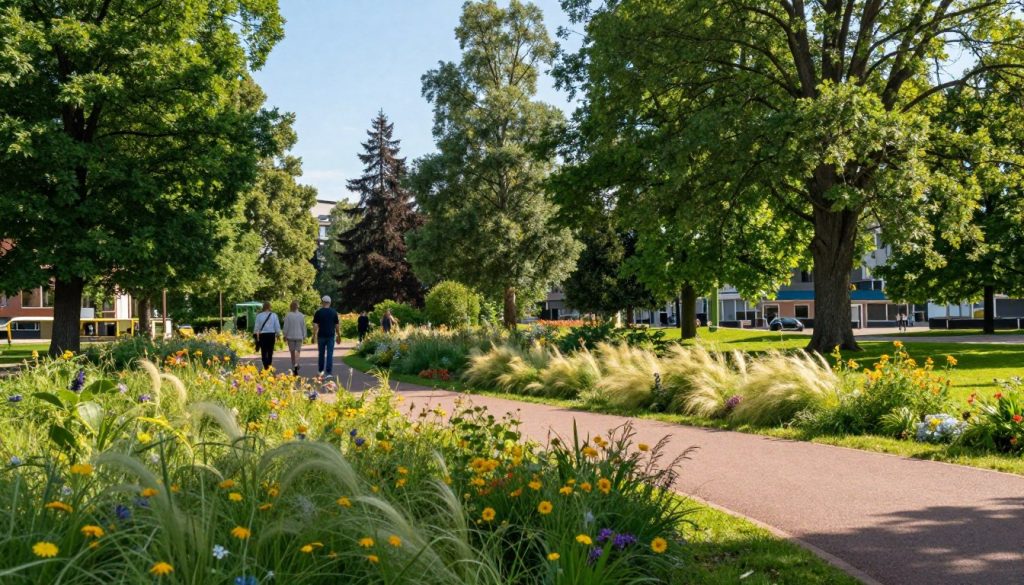 A serene park in Oulu, Finland, showcasing lush greenery and vibrant flowers under a clear blue sky. In the foreground, a well-maintained pathway winds through the park, lined with blooming wildflowers and gentle, swaying grasses. A few individuals dressed in modest casual clothing stroll alongside, appreciating the scenic beauty. The middle ground features an array of tall trees with sunlight filtering through their leaves, creating a dappled light effect on the ground. In the background, glimpses of modern architecture can be seen blending harmoniously with nature, enhancing the park&rsquo;s atmosphere. Soft, warm lighting captures the inviting ambiance of a perfect day outdoors, emphasizing the connection between nature and public spaces in Oulu. The scene conveys tranquility, encouraging exploration and relaxation amidst the beauty of Finnish greenery.
