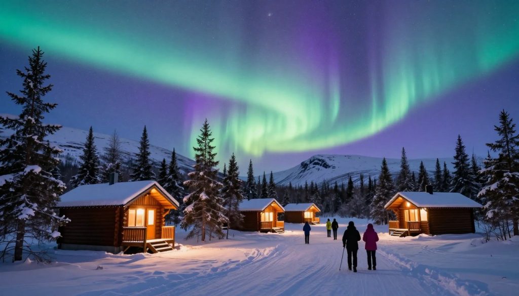 A serene scene depicting accommodations in Abisko National Park, Sweden, during the enchanting Northern Lights. In the foreground, cozy wooden cabins with warm, inviting lights glow softly, nestled among snow-covered pines. The middle ground features a snow-covered landscape, dotted with visitors in modest winter clothing, enjoying activities like hiking and photographing the aurora. In the background, majestic, snow-capped mountains rise against a twilight sky, illuminated by vibrant shades of green and purple from the Northern Lights. The atmosphere is tranquil yet lively, capturing the essence of nature and adventure. Soft, diffused lighting enhances the cozy ambience. A wide-angle perspective emphasizes the breathtaking beauty of the park and the inviting lodgings set against the stunning natural landscape.