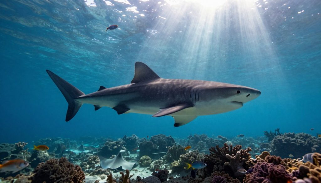 A serene underwater scene capturing an ancient polar shark swimming gracefully amidst a vibrant marine environment. The foreground features the dark silhouette of the shark, showcasing its distinct features such as elongated body and unique markings. In the middle ground, various sea creatures like colorful fish and plankton create a lively atmosphere, while delicate rays of sunlight filter down from the surface, illuminating the scene and creating an ethereal glow. The background consists of a subtly blurred ocean floor adorned with coral reefs and rocky formations, adding depth and interest. The overall mood is tranquil yet awe-inspiring, evoking a sense of the awe and mystery of marine life's longevity. Opt for a wide-angle lens effect to emphasize the grandeur of the underwater ecosystem with a soft focus on the shark.