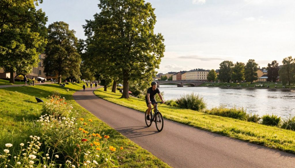 A serene view of bike paths in Turku, Finland, winding through lush green parks and alongside tranquil rivers. In the foreground, a cyclist in modest casual clothing rides along a well-maintained bike lane, surrounded by vibrant wildflowers. The middle ground features tall trees casting dappled sunlight, inviting people to enjoy the outdoors, while the background showcases picturesque Finnish architecture, hinting at the city's historical charm. Soft, golden hour lighting bathes the scene, creating a warm and inviting atmosphere. Use a wide-angle lens to capture the expansive beauty of the landscape, highlighting the sense of adventure and active leisure that defines this area. A serene view of bike paths in Turku, Finland, winding through lush green parks and alongside tranquil rivers. In the foreground, a cyclist in modest casual clothing rides along a well-maintained bike lane, surrounded by vibrant wildflowers. The middle ground features tall trees casting dappled sunlight, inviting people to enjoy the outdoors, while the background showcases picturesque Finnish architecture, hinting at the city's historical charm. Soft, golden hour lighting bathes the scene, creating a warm and inviting atmosphere. Use a wide-angle lens to capture the expansive beauty of the landscape, highlighting the sense of adventure and active leisure that defines this area.