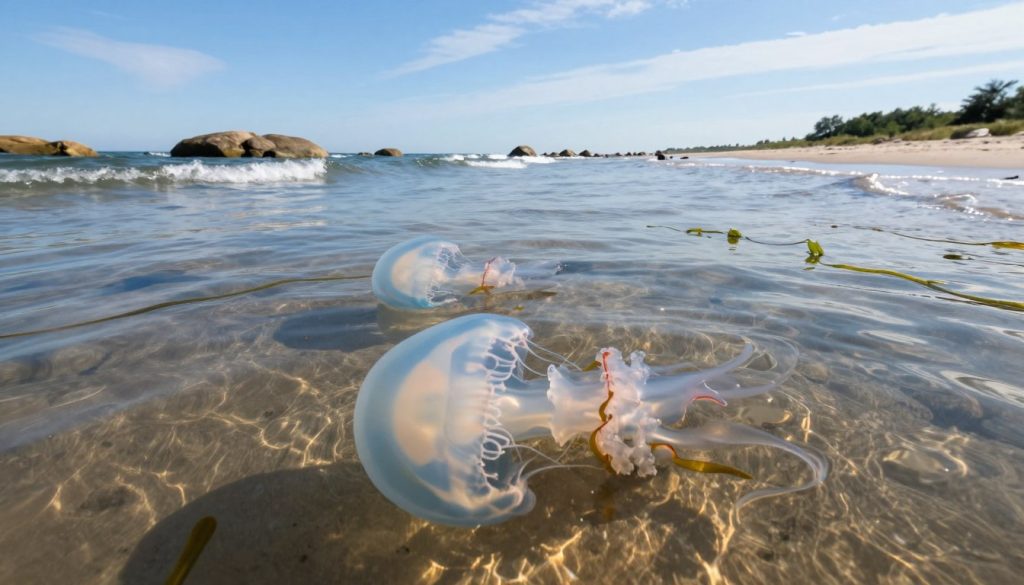 A serene view of the Baltic Sea showcasing the natural habitat of jellyfish. In the foreground, translucent jellyfish gracefully undulate in the crystal-clear water, their bell-shaped bodies illuminated by soft sunlight filtering through the surface, creating a magical aura. The middle ground features a gentle ripple of waves, interspersed with strands of seaweed swaying softly, enhancing the underwater scenery. The background reveals a tranquil coastline dotted with rocky formations and patches of sandy beach under a clear blue sky with wispy clouds. The overall atmosphere is calm and inviting, reflecting the unique ecosystem of the Baltic Sea, with a focus on the enchanting presence of jellyfish. Use a wide-angle lens effect to capture the expanse of the scene and emphasize the tranquil ambiance. A serene view of the Baltic Sea showcasing the natural habitat of jellyfish. In the foreground, translucent jellyfish gracefully undulate in the crystal-clear water, their bell-shaped bodies illuminated by soft sunlight filtering through the surface, creating a magical aura. The middle ground features a gentle ripple of waves, interspersed with strands of seaweed swaying softly, enhancing the underwater scenery. The background reveals a tranquil coastline dotted with rocky formations and patches of sandy beach under a clear blue sky with wispy clouds. The overall atmosphere is calm and inviting, reflecting the unique ecosystem of the Baltic Sea, with a focus on the enchanting presence of jellyfish. Use a wide-angle lens effect to capture the expanse of the scene and emphasize the tranquil ambiance.