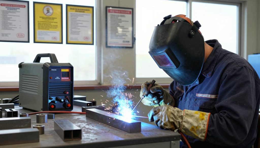 A skilled TIG welder at work in a bright, industrial workshop setting. In the foreground, the welder, a professional in a protective helmet and work gloves, is focused on a metal piece, with the arc creating a vibrant blue spark. The middle ground features welding tools neatly organized, various metal components, and a sophisticated welding machine. The background showcases framed safety certifications and posters illustrating qualifications and workplace safety guidelines. The lighting is bright and natural, coming through large windows, creating an atmosphere of productivity and professionalism. The scene conveys a sense of technical skill and dedication to the craft, emphasizing the requirements and qualifications for TIG welding.