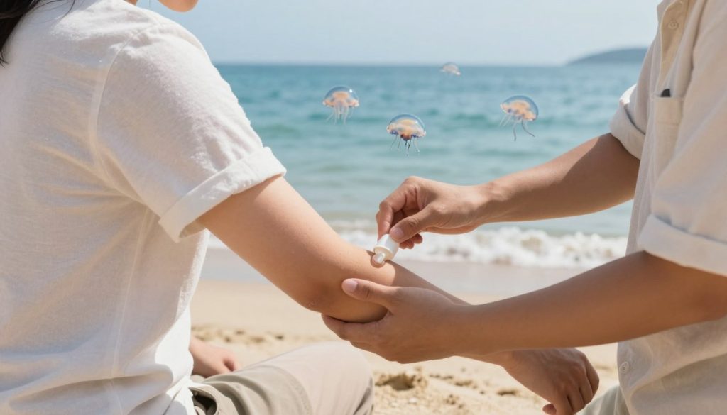 A soothing beach scene depicting a person wearing modest, casual clothing assisting another individual who has been stung by a jellyfish. The foreground features the helper calmly applying vinegar to the affected area on the stung person's arm, emphasizing a gentle, supportive touch. Bright, natural daylight illuminates the scene, creating a warm and reassuring atmosphere. In the middle ground, soft sand and a clear blue ocean are visible, with a few jellyfish washed ashore, serving as a cautionary backdrop. The background showcases a serene horizon where the sky meets the sea, enhancing the tranquil mood. The image captures an educational moment focused on safety and first aid in a professional manner, encouraging viewers to learn the correct response to jellyfish encounters. A soothing beach scene depicting a person wearing modest, casual clothing assisting another individual who has been stung by a jellyfish. The foreground features the helper calmly applying vinegar to the affected area on the stung person's arm, emphasizing a gentle, supportive touch. Bright, natural daylight illuminates the scene, creating a warm and reassuring atmosphere. In the middle ground, soft sand and a clear blue ocean are visible, with a few jellyfish washed ashore, serving as a cautionary backdrop. The background showcases a serene horizon where the sky meets the sea, enhancing the tranquil mood. The image captures an educational moment focused on safety and first aid in a professional manner, encouraging viewers to learn the correct response to jellyfish encounters.