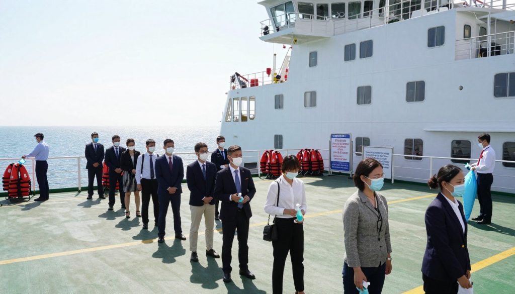 A spacious ferry deck showcasing safety and hygiene measures. In the foreground, a group of diverse passengers dressed in professional business attire and modest casual clothes, standing in a well-organized queue, wearing face masks and holding hand sanitizers. In the middle, visible safety instructions displayed clearly on signage, with life jackets neatly arranged nearby. Several crew members in uniforms maintaining cleanliness, using disinfectant on handrails. The background features the shimmering sea under a bright, sunny sky, with the ferry’s robust structure highlighted by natural lighting. The atmosphere is calm yet vigilant, emphasizing a sense of security and adherence to health protocols aboard the ferry. A spacious ferry deck showcasing safety and hygiene measures. In the foreground, a group of diverse passengers dressed in professional business attire and modest casual clothes, standing in a well-organized queue, wearing face masks and holding hand sanitizers. In the middle, visible safety instructions displayed clearly on signage, with life jackets neatly arranged nearby. Several crew members in uniforms maintaining cleanliness, using disinfectant on handrails. The background features the shimmering sea under a bright, sunny sky, with the ferry’s robust structure highlighted by natural lighting. The atmosphere is calm yet vigilant, emphasizing a sense of security and adherence to health protocols aboard the ferry.